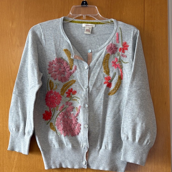 Sundance Sweaters - Sundance Gray Cardigan with Pink and Gold Floral Embroidery